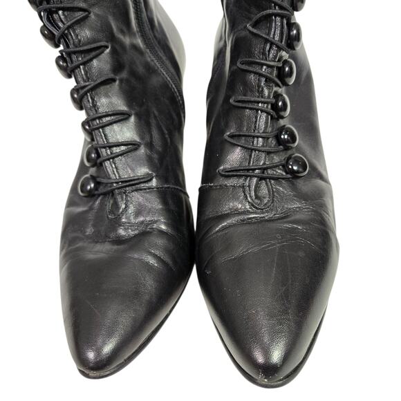 Vintage Poppies Leather Granny Boots Black Ankle Booties Pointy Kitten Heel 7.5 - Picture 7 of 16